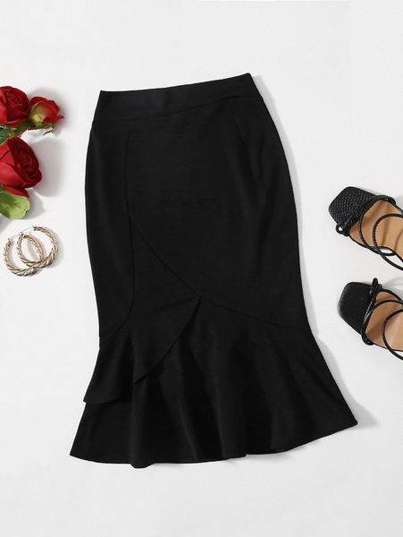 

solid mermaid hem skirt p9lk#, Black