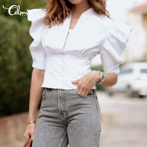

women's blouses & shirts fashion celmia half sleeve ruffles women v-neck white tunic casual elegant blusas plus size 5xl