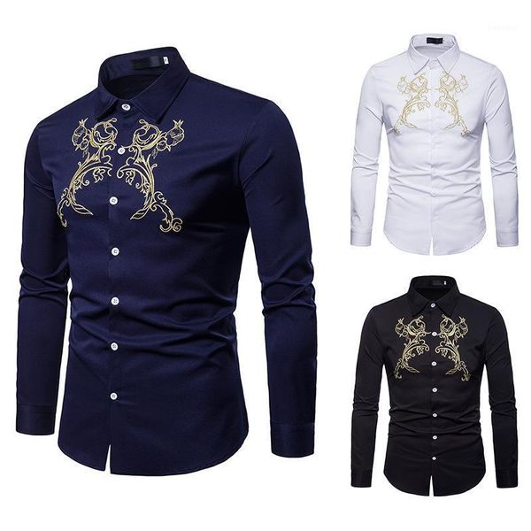 

men's long sleeve casual shirt fashion embroidered floral shirt turn-down lapel slim fit mens clothing1, White;black