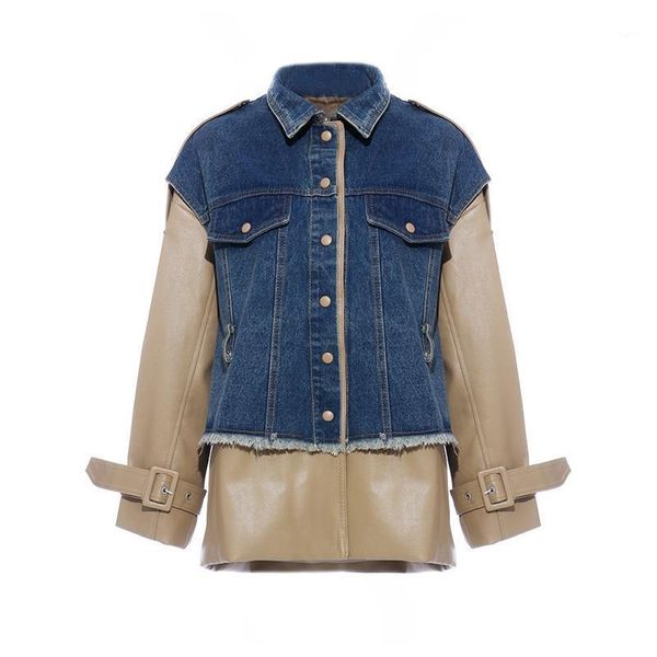 

loose fit denim leather split big size jacket lapel long sleeve women coat fashion spring autumn1, Black;brown