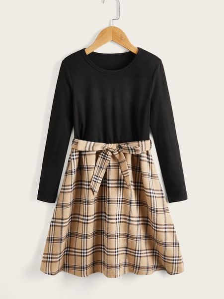 

girls tartan plaid belted spliced dress she, Red;yellow