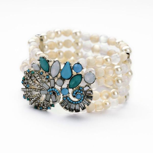 

bulk price wholesale delicate colorful flower & beads bracelet elastic line wide handcraft bangle & bracelet, Black