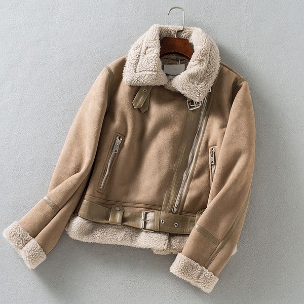 

2021 new winter women thick warm faux leather jacket with belt streewear turndown collar moto biker coat outwear 9g0z, Black