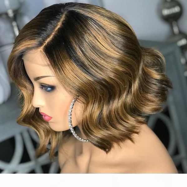 

wavy short bob wig highlight 13*4 lace front human hair wigs with baby hair brazilian remy for black women 150% bleached knots, Black;brown