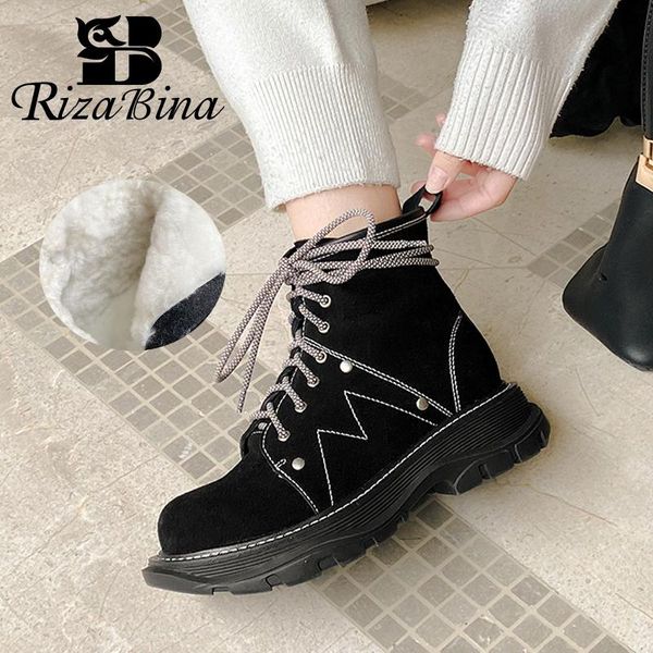

boots rizabina women snow real leather zipper plush fur warm winter shoes woman cross strap short boot lady footwear size 34-42, Black