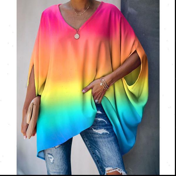 

new trendy women summer loose blouse tie dye print colorblock batwing sleeve casual blouse drop shipping, White