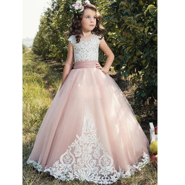 

flower girl dresses for weddings 2020 tulle pink applique cap sleeve kids ball gown bow first communion dress pageant gowns, Red;yellow