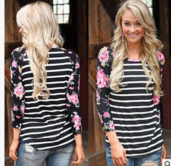 

ladies long sleeve striped floral print womens crew neck t-shirts casual fashion tshirts womens clothing, White