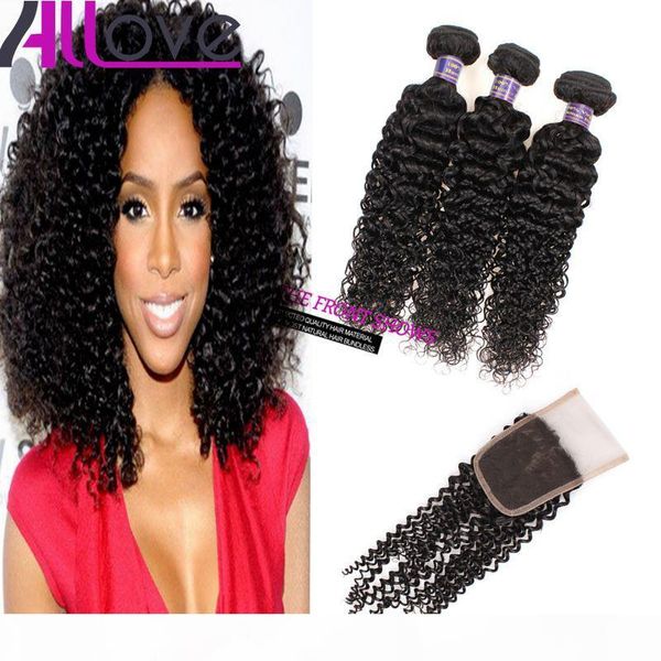 

дешевые 8а бразильские волосы утки kinky завитого 3шт с lace closure хороших малазийского волос девственницы связки перуанским наращиванием, Black