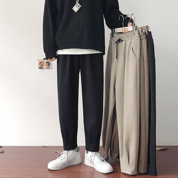 

casual men's autumn and winter new loose drop feeling tweed trousers trend versatile solid color student straight pants, Black