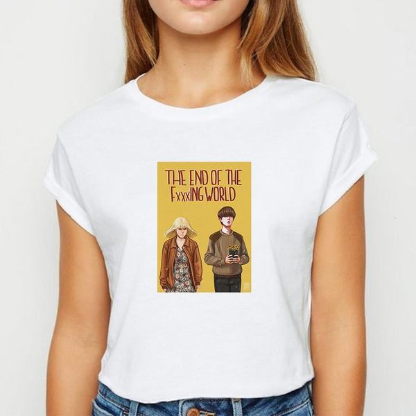 

the end of the world tshirt young girls oversize spring summer t shirt harajuku avant-garde yellow printing round collar t-shirt, White