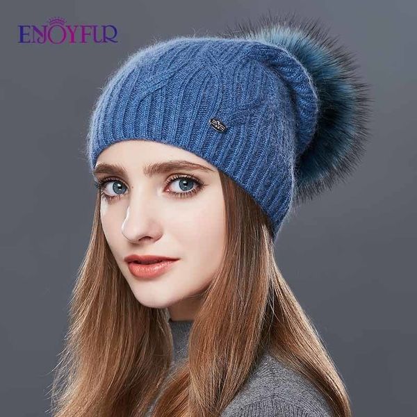 

enjoyfur cashmere women winter hats fashion link type knitted hat female girl autumn fur pompom beanies y200102, Blue;gray