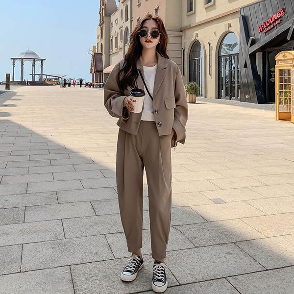 

women 2 piece set 2021 autumn casual blazers loose office ladies business suit female korean fashion blazer + suits pant1, White