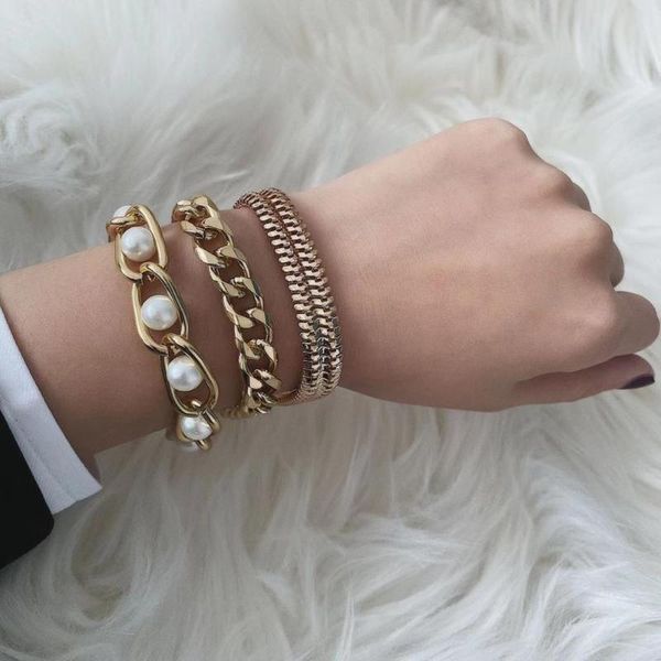

3pcs/lot punk miami curb cuban thick bracelet bangle chunky heavy metal imitation pearl bracelet wrist chain jewelry, Black