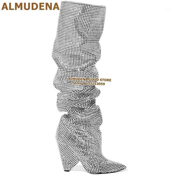 

almudena silver bling bling crystal tall boots spike heel glittering rhinestone knee high long boots wedge factory real p1, Black