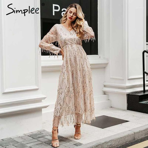 

simplee v-neck evening women maxi dress elegant mesh long sleeve sequin night dress autumn lady plus size party1, Black;gray