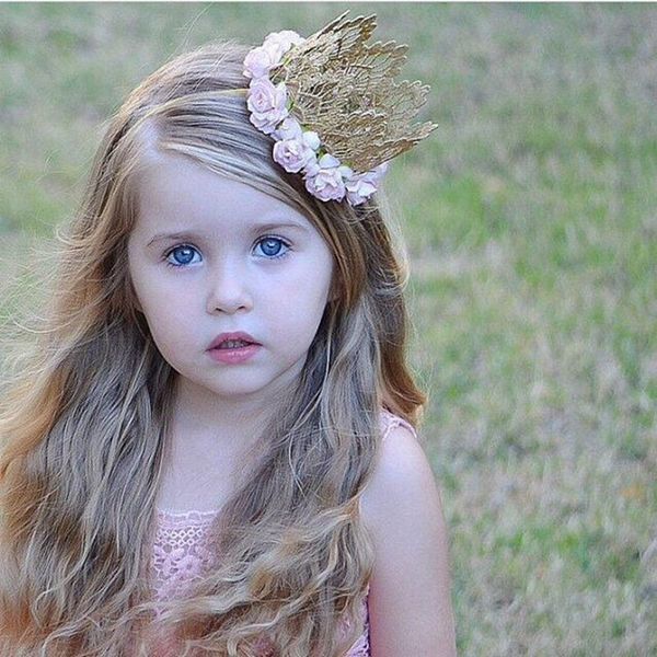 

7 colors newborn birthday crown headband flower lace gold tiara headband for kids party headwear hiar band accessories gifts, Slivery;white