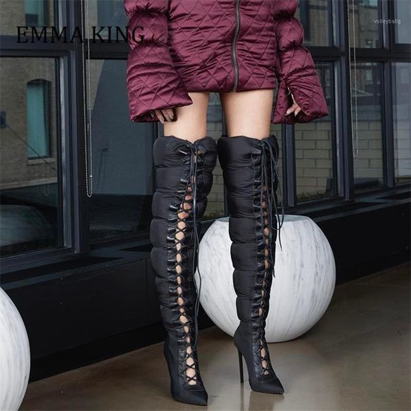 

2020 winter design women booties pointy toe space cloth puffy lace up stiletto heels night club thigh high botas mujer1, Black