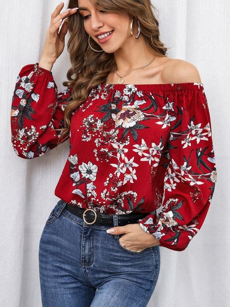 

floral print off the shoulder blouse v2ej#, White