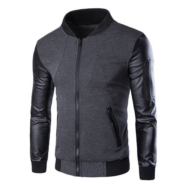 

men's fashion bomber jacket leather patchwork stand collar coats streetwear autumn casual suit man zip up jackets outwear, Black;brown