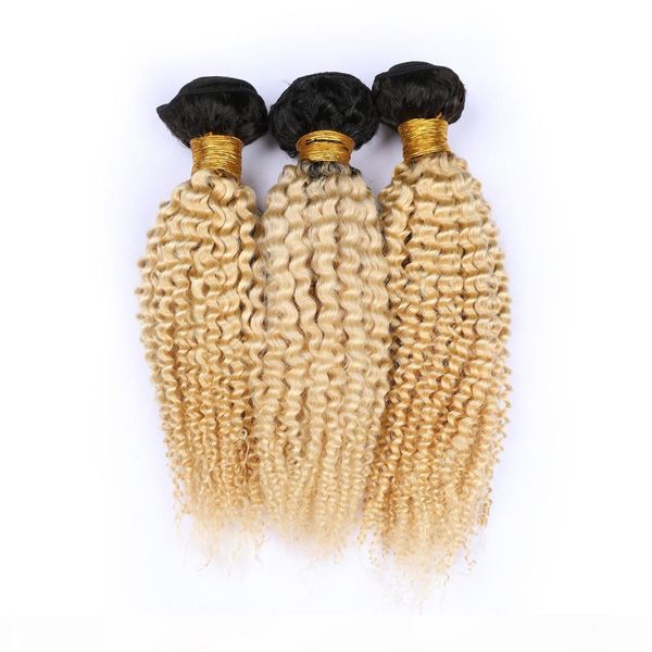 

#1b 613 blonde ombre brazilian human hair kinky curly weave bundles blonde ombre virgin human hair weft extensions dark root 3pcs lot, Black