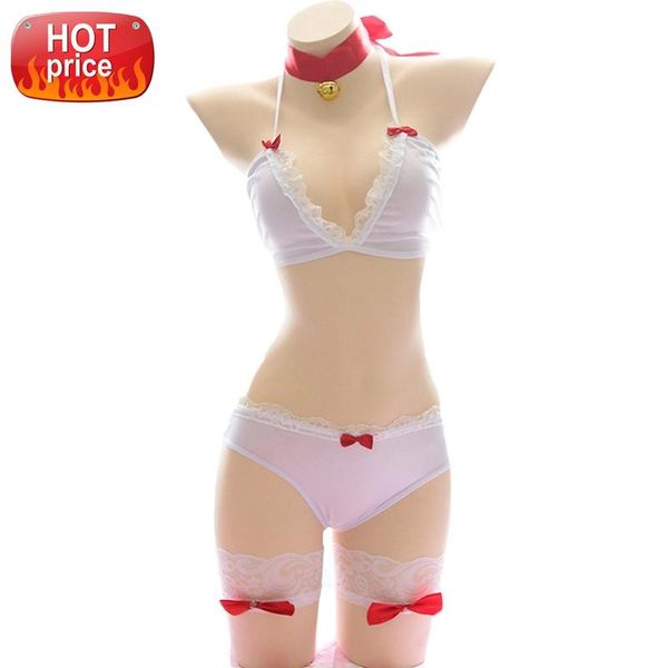 

4pcs Womens Cute Cat Bikini Sexy Lingerie Lolita Anime Bell Collar Cosplay Costumes Japanese Girls Underwear Bra and Panty Set #5l2Z, Black;white