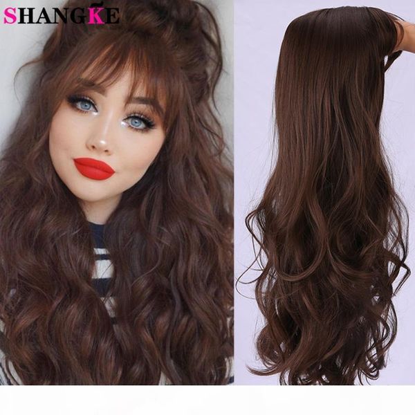 

shangke long wavy synthetic wigs for women heat resistant fiber black brown chocolate color with bangs cosplay fake hair