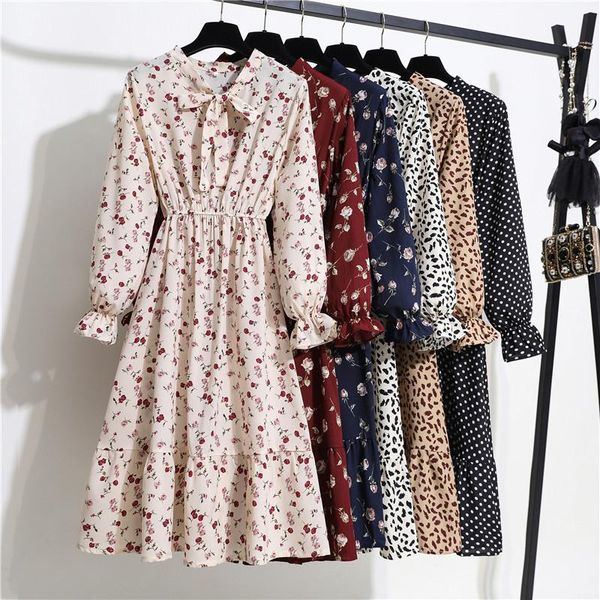 

2021 floral print women dress female autumn long sleeve vintage chiffon bow tie neck office lady shirt dress summer vestidos, Black;gray