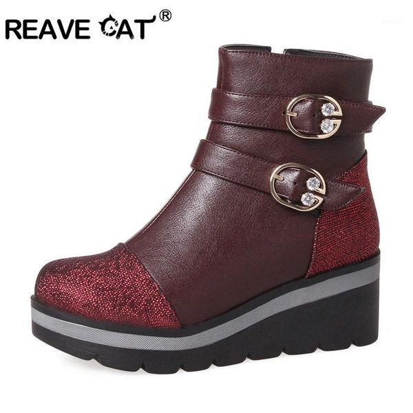 

boots reave cat winter ankle round toe pu shoes women large size lady platform wedges zipper a9621, Black
