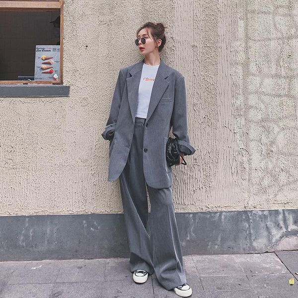 

trouser suit female 2021 spring autumn new fashionable chic high waist wide legs casual business women jacket two-piece suit b28, White
