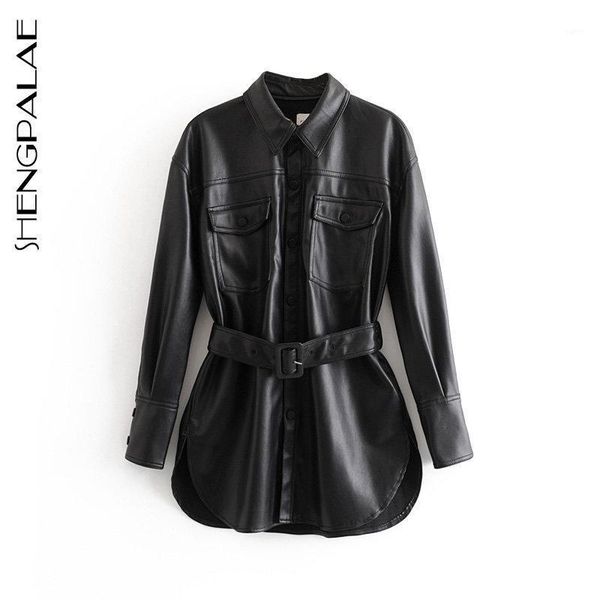 

shengpalae 2020 fashion european and american fashion trend black pu coat new spring long sleeve turn-down collar 26011