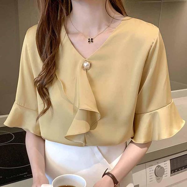 

women's blouses & shirts blouse women blusas mujer de moda 2021 short sleeve ruffles v-neck chiffon shirt d311, White