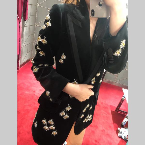 

velvet blazer women winter heavy crystal bee bead decoration 2019 designer celebrity party fashion women's blazer, White;black