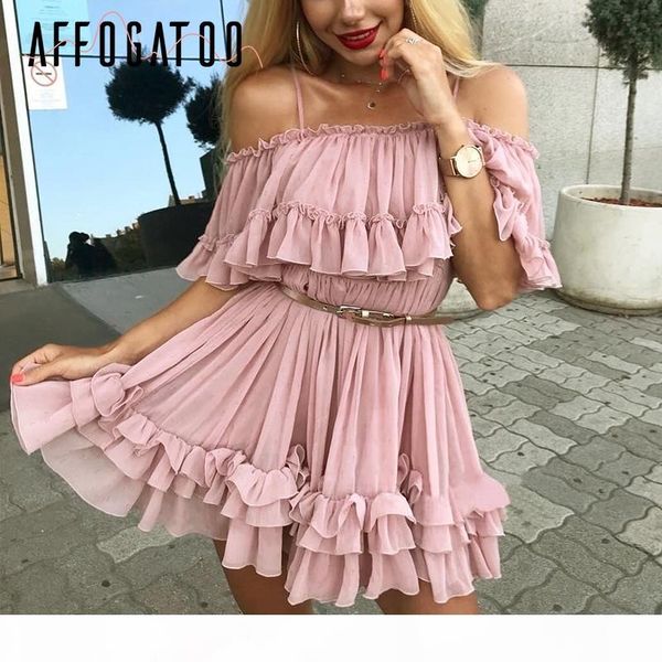 

affogatoo elegant ruffle off shoulder strap summer pink dress women casual chiffon pleated blue dress loose holiday short, Black;gray
