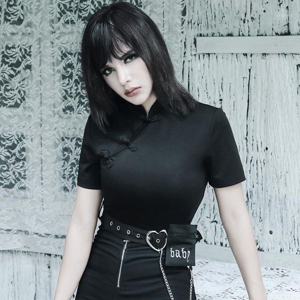 

92186 dark retro short sleeve button hole hole functional fit t-shirt women's small pocket waist iron chain women's wear1, White