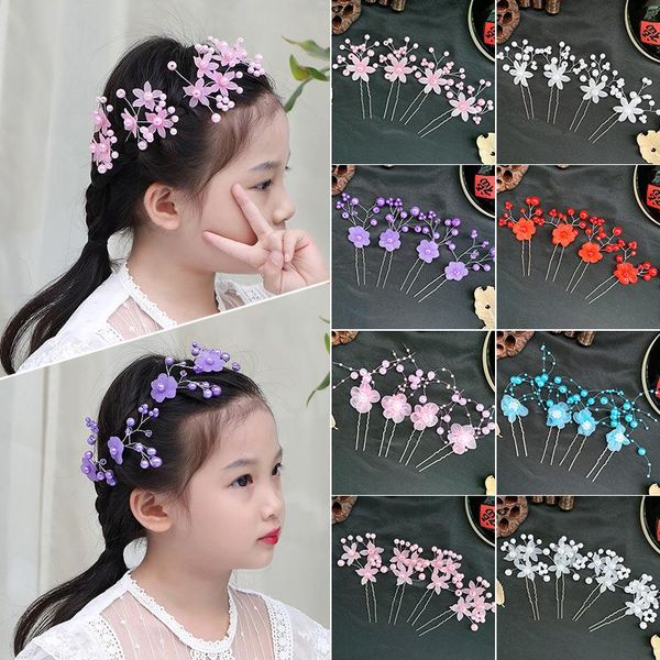 

chinese style children's flower headdress antique hanfu hairpin accessories princess little girl's candy color u-shaped hairpin, Slivery;white