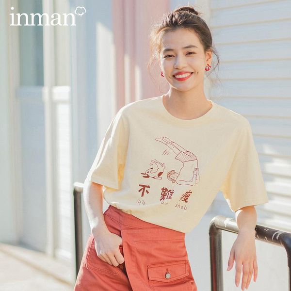 

women's t-shirt inman 2021 summer arrival literary pure cotton nifty cartoon printed loose slimmed short sleeve, White