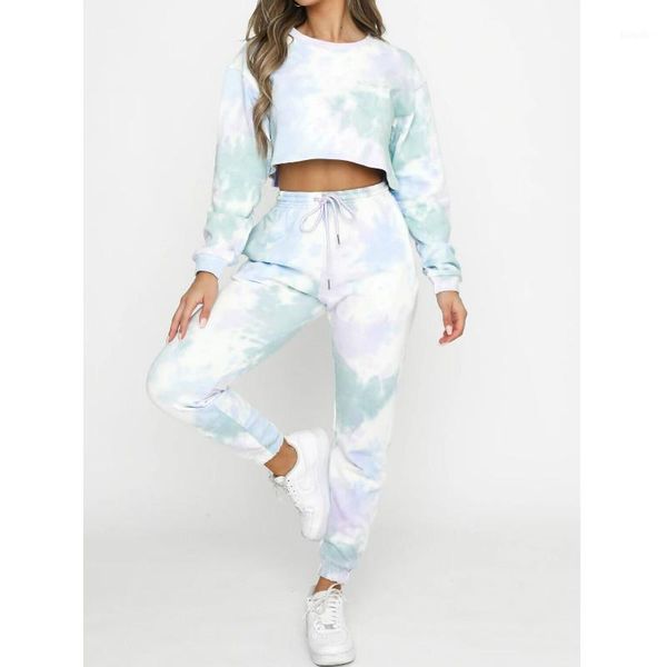 

2 pieces tie dye sports running set women tracksuits round neck long sleeve sweatshirt crop joggers trousers female sets1, Black;blue