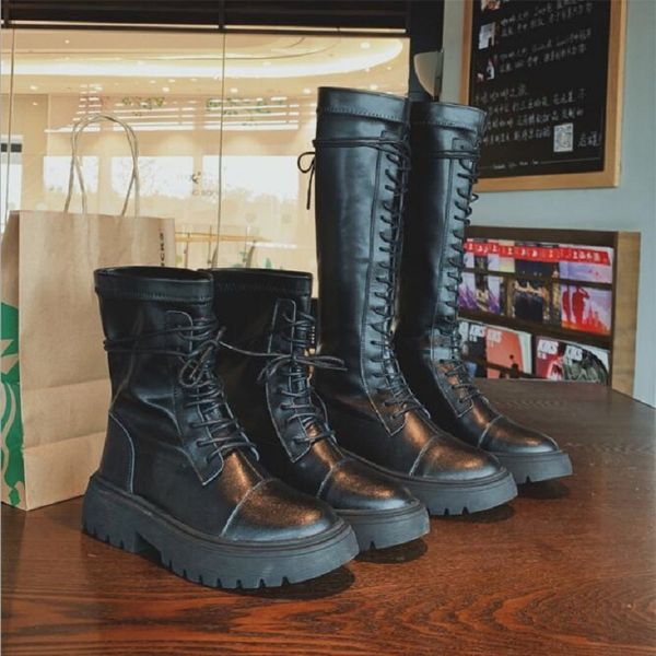 

women genuine leather knee-high equestrian boots internal celebrity lady cross-tied motorcycle botas ladies army long boot, Black