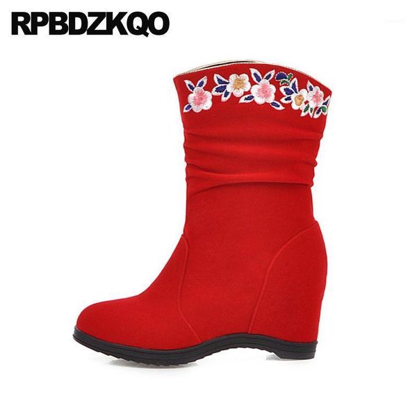 

boots women winter 2021 red big size ladies floral print plus shoes flower printed 10 embroidery hidden embroidered high heel1, Black