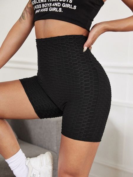 

high waist textured biker shorts v17s#, Black