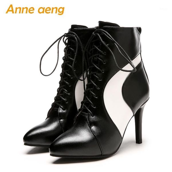 

winter women ankle boots high thin heel pointed toe lace-up fashion ladies women shoes black snow boots big size 35-461