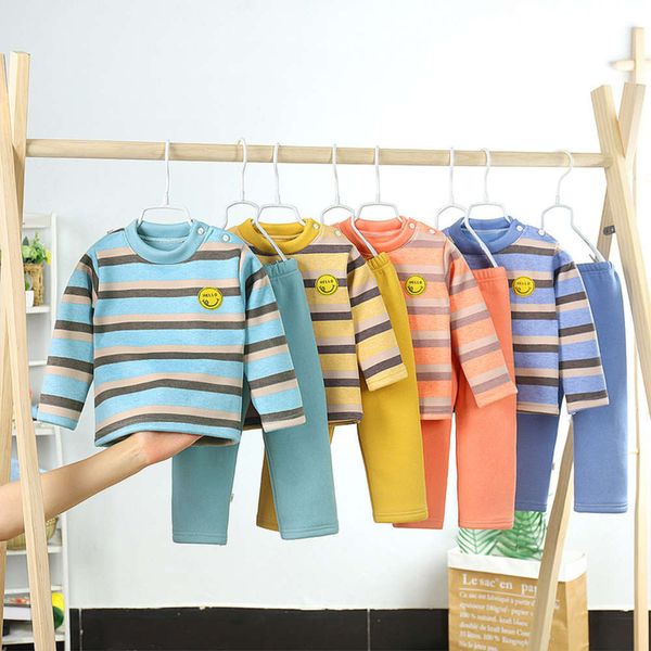 

children's warm underwear set baby plush thickened cloth pants boys' and girls' autumn winter pajamas, Blue;red