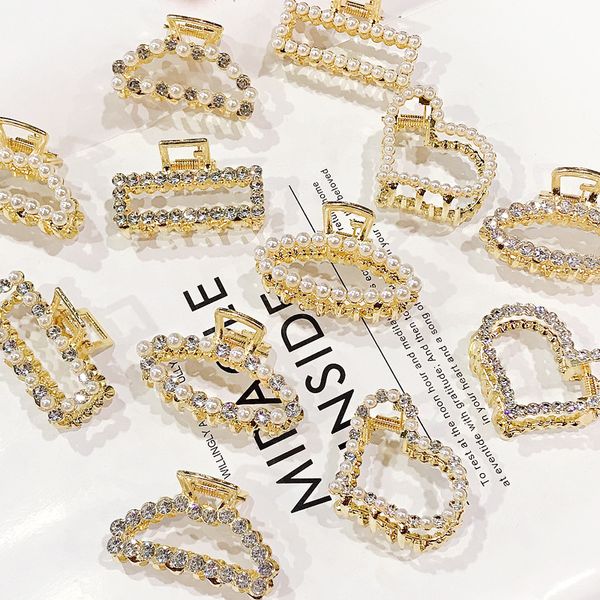 

new fashion woman elegant geometric pearl rhinestone hairpins hair clips alloy barrettes girls hair accessories headwear, Brown