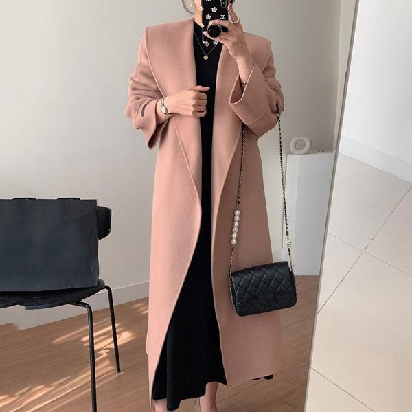 

superaen autumn and winter solid simple turn down collar belt waist slim full trench coat for women, Tan;black