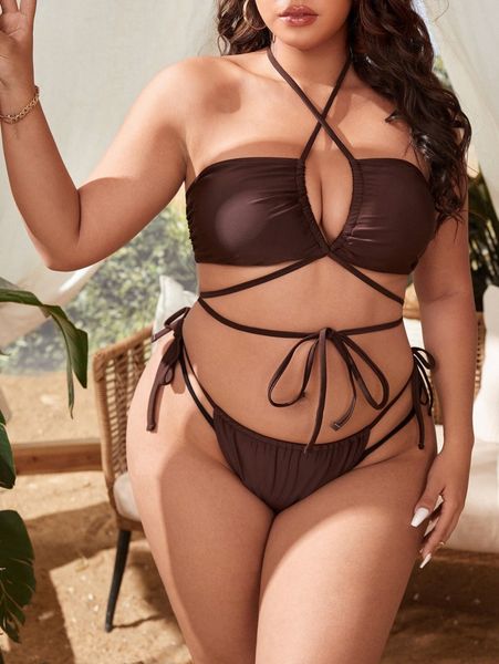 

plus plain drawstring bikini swimsuit r0da#, Black