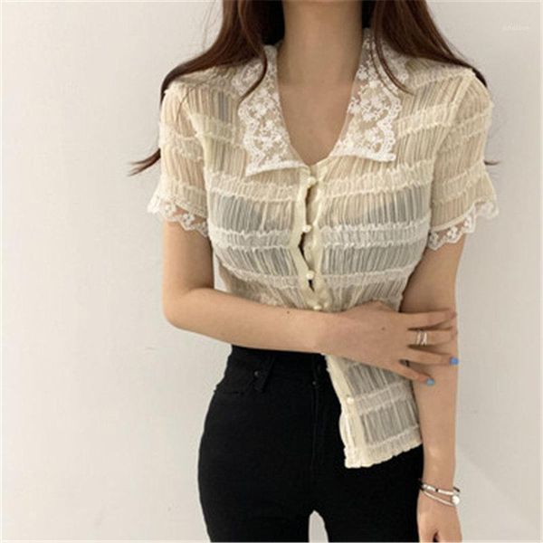 

alien kitty 2020 lace lapel pleated pearl buckle light all match shirts sweet summer streetwear office lady blouses1, White