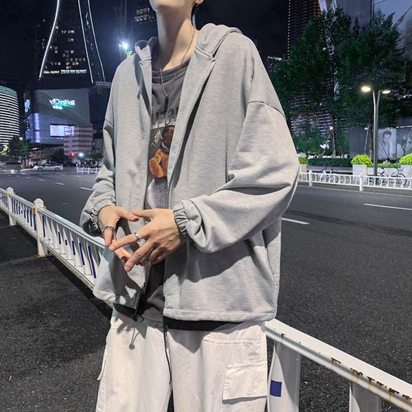 

new korean brand jacket boys solid hooded sweater men's cardigan coat ins fashion, Black