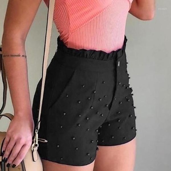 

2020 women cute soild color shorts high waist zipper shorts bead decoration office lady elegant short pants summer#a31, White;black