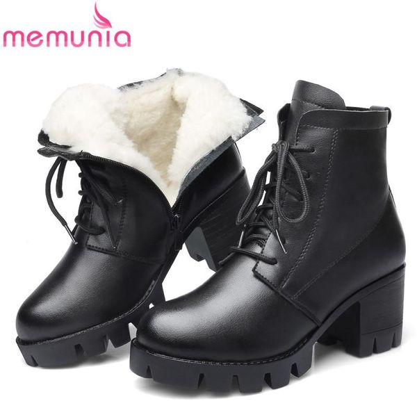 

boots memunia 2021 vintage genuine leather ankle women round toe square heels platform shoes wool snow female, Black